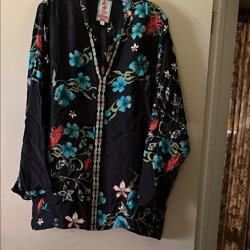 Johnny Was Black Blouse with Colorful Embroidery